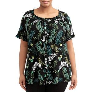 Terra & Sky |🌴Boho Chic Black/Green/White Floral Woven Short Sleeve Peasant Top